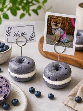 Blueberry Bagel Place Card Holder, Photo Holder, Food Label, Handmade Breakfast